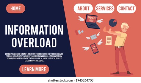 Site on information overload topic with stressed man, flat vector illustration.