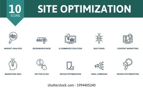 Site Optimization icon set. Contains editable icons seo theme such as market analysis, e-commerce solution, content marketing and more.