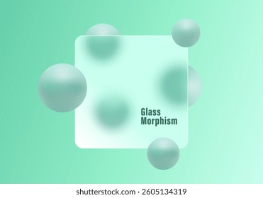 Site page entry form in glass morphism style. Square panel imitation frosted glass with floating green spheres.