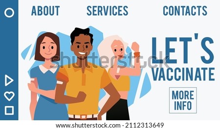 Site page interface with call for vaccination and cartoon people showing vaccinated arms, flat vector illustration. Medical healthcare vaccination campaign webpage.