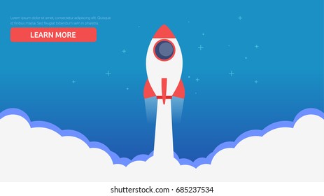 Site Page. A rocket flying out of the clouds.Learn more banner. Vector flat illustration