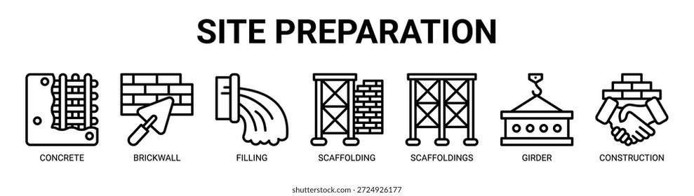 Concepto de Ilustración vectorial de ícono de Anuncio de Web para negocios con ícono de hormigón, ladrillo, relleno, andamios, andamios, viga, construcción.