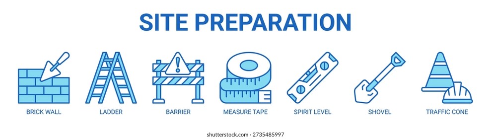 Site Preparation web banner icon vector illustration concept with icon of brick wall, ladder, barrier, measure tape, spirit level, shovel, and traffic cone.