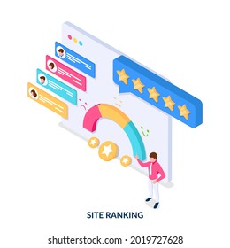 Site rating and ranking. Concept. User ratings and сomments.Crm system. Isometric vector illustration on white background.