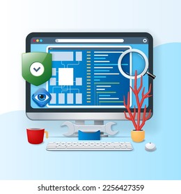 Site reliability engineering banner. Computer with shield and programming window icons on the screen.Business concept. Web vector illustration in 3D style