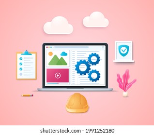 Site reliability engineering design template. Creating scalable and highly reliable software systems. Laptop with open pages on screen. Web vector illustrations in 3D style