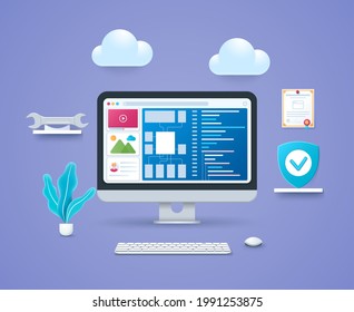 Site Reliability Engineering Design Template. Creating Scalable And Highly Reliable Software Systems. Computer With Open Pages On Screen. Keyboard And Mouse. Web Vector Illustrations In 3D Style