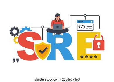 Site reliability engineering. SRE concept. A young programmer with a laptop is designing a website. Safe software. Vector illustration flat design. Isolated on white background.