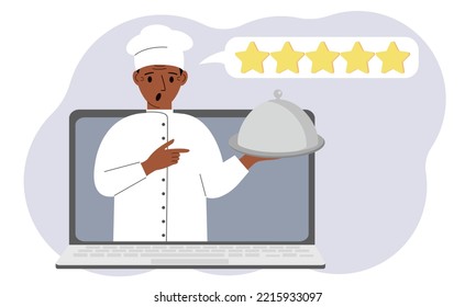 A site with reviews of online grocery shopping through a laptop or ordering fast food delivery. The cook holds a tray with a lid or a plate with a lid.Vector flat illustration