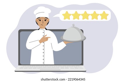 A site with reviews of online grocery shopping through a laptop or ordering fast food delivery. The cook holds a tray with a lid or a plate with a lid.Vector flat illustration