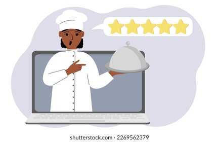 A site with reviews of online grocery shopping through a laptop or ordering fast food delivery. The cook holds a tray with a lid or a plate with a lid.Vector flat illustration