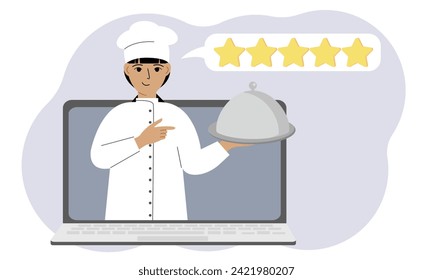 A site with reviews of online grocery shopping through a laptop or ordering fast food delivery. The cook holds a tray with a lid or a plate with a lid.