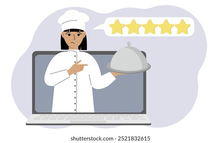 A site with reviews of online grocery shopping through a laptop or ordering fast food delivery. The cook holds a tray with a lid or a plate with a lid.Vector flat illustration