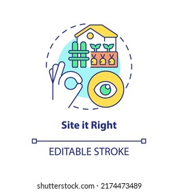 Site it right concept icon. Choose right location in yard. Gardening tip abstract idea thin line illustration. Isolated outline drawing. Editable stroke. Arial, Myriad Pro-Bold fonts used
