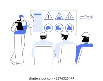 Site safety management abstract concept vector illustration. Group of professional construction workers at a meeting with site manager, safety briefing, builder daily routine abstract metaphor.