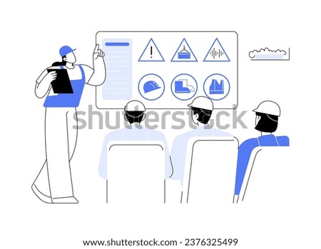 Site safety management abstract concept vector illustration. Group of professional construction workers at a meeting with site manager, safety briefing, builder daily routine abstract metaphor.