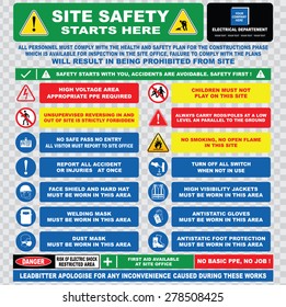 Site Safety Starts Here Or Site Safety Electrical Sign Template (hard Hats, Safety Goggles, Visibility Jackets, Antistatic Hand Protection, Protective Footwear, Injuries, Restricted Area, Danger)