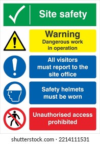 Site Safety Warning Sign Notice Boards ISO 7010 Dangerous Site All Visitor Must Report To The Site Office