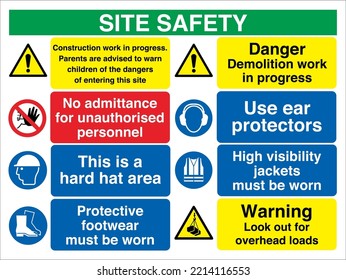 Site Safety Warning Sign Notice Boards ISO 7010 Dangerous Site Construction work in progress Parents are advised to warn children of the dangers of entering this site Demolition work in progress