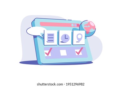 Site service usage vector illustration. Modern device with internet connection and screen tabs flat style. Worldwide search. Technology and fun concept. Isolated on white background