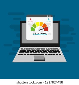 Site Speed Test Concept Fast or Slow Load Seo and Development with Speedometer Computer Technology. Vector illustration