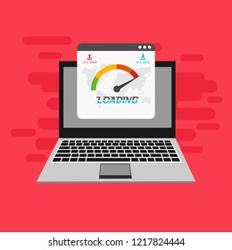 Site Speed Test Concept Fast or Slow Load Seo and Development with Speedometer Computer Technology. Vector illustration