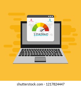 Site Speed Test Concept Fast or Slow Load Seo and Development with Speedometer Computer Technology. Vector illustration