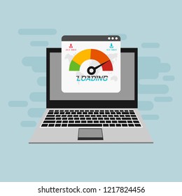 Site Speed Test Concept Fast or Slow Load Seo and Development with Speedometer Computer Technology. Vector illustration