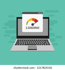 Site Speed Test Concept Fast or Slow Load Seo and Development with Speedometer Computer Technology. Vector illustration