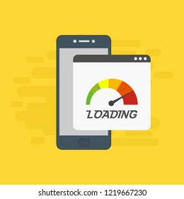 Site Speed Test Concept Fast or Slow Load Seo and Development with Speedometer smartphone Technology. Vector illustration