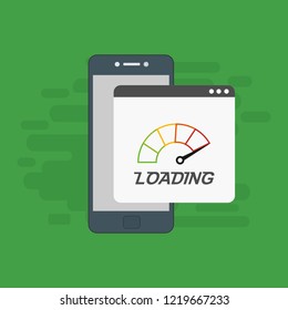 Site Speed Test Concept Fast or Slow Load Seo and Development with Speedometer smartphone Technology. Vector illustration