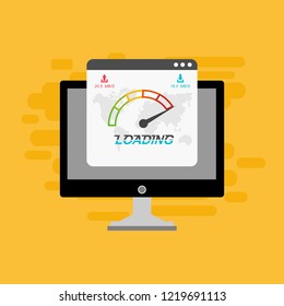 Site Speed Test Concept Fast or Slow Load Seo and Development with Speedometer Computer Technology. Vector illustration