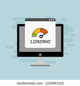 Site Speed Test Concept Fast or Slow Load Seo and Development with Speedometer Computer Technology. Vector illustration