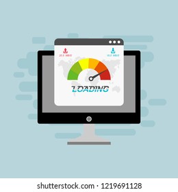 Site Speed Test Concept Fast or Slow Load Seo and Development with Speedometer Computer Technology. Vector illustration