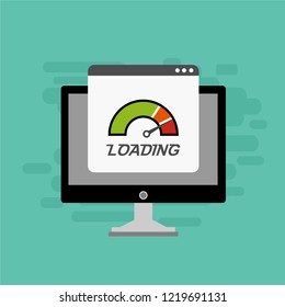 Site Speed Test Concept Fast or Slow Load Seo and Development with Speedometer Computer Technology. Vector illustration