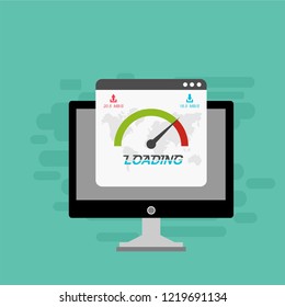 Site Speed Test Concept Fast or Slow Load Seo and Development with Speedometer Computer Technology. Vector illustration