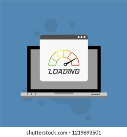 Site Speed Test Concept Fast or Slow Load Seo and Development with Speedometer Computer Technology. Vector illustration