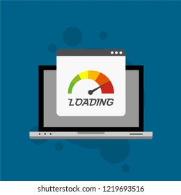 Site Speed Test Concept Fast or Slow Load Seo and Development with Speedometer Computer Technology. Vector illustration