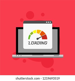Site Speed Test Concept Fast or Slow Load Seo and Development with Speedometer Computer Technology. Vector illustration