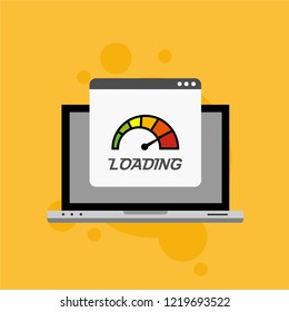 Site Speed Test Concept Fast or Slow Load Seo and Development with Speedometer Computer Technology. Vector illustration