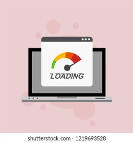 Site Speed Test Concept Fast or Slow Load Seo and Development with Speedometer Computer Technology. Vector illustration
