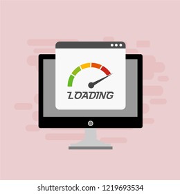 Site Speed Test Concept Fast or Slow Load Seo and Development with Speedometer Computer Technology. Vector illustration