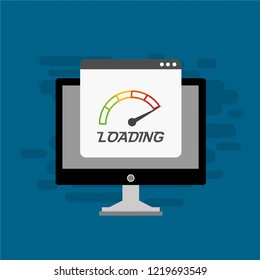 Site Speed Test Concept Fast or Slow Load Seo and Development with Speedometer Computer Technology. Vector illustration