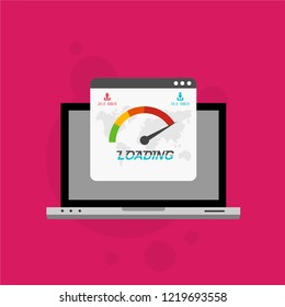 Site Speed Test Concept Fast or Slow Load Seo and Development with Speedometer Computer Technology. Vector illustration