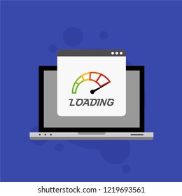 Site Speed Test Concept Fast or Slow Load Seo and Development with Speedometer Computer Technology. Vector illustration