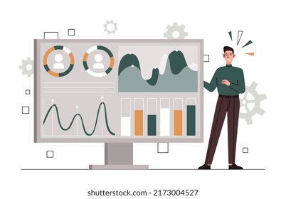 Site Stats Concept. Man Stands Next To Graphs And Charts, Analytical Department Collects Information. Character Conducts Marketing Research, SEO Or SMM Specialist. Cartoon Flat Vector Illustration