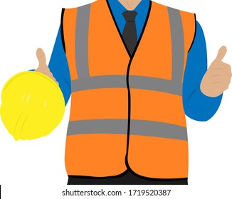 Site suveyor in orange hi visibility vest holding a hard hat giving a thumbs up vector illustration