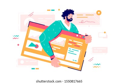 Site in tack abstract symbol of website or landing page vector illustration. Male character carrying webpage icon. Noticing online or adding app element by man flat concept