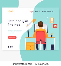 Site template, Businessman, programmer, business analysis, workplace, data collection,. Web page design. Website and mobile development. Flat vector illustration in cartoon style.