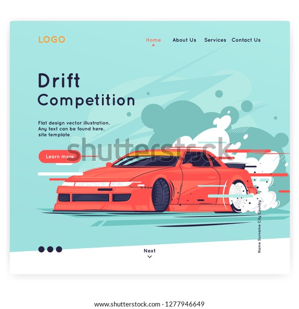 Site template. Drift, the car rides\
sideways. Flat design vector\
illustration.
